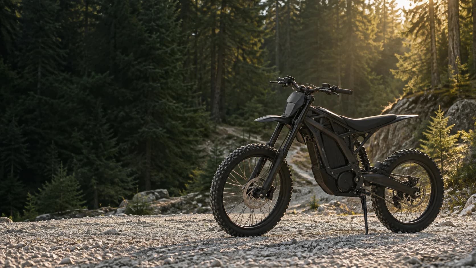 An electric dirt bike parked on gravel beside a quiet forest trail; illustrative image